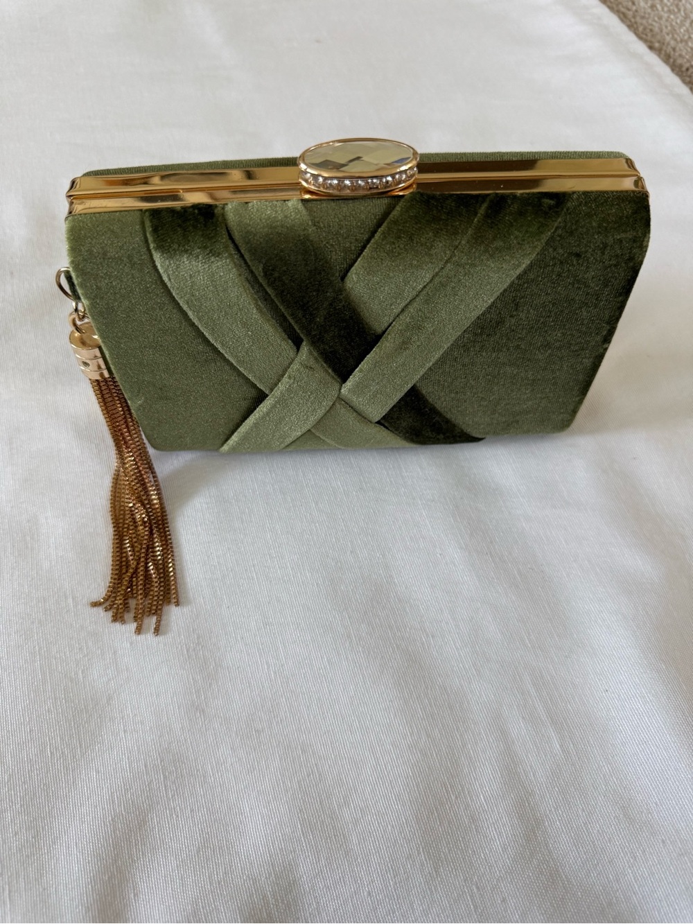 Olive Velvet Evening Clutch with Gold Tassel Detail